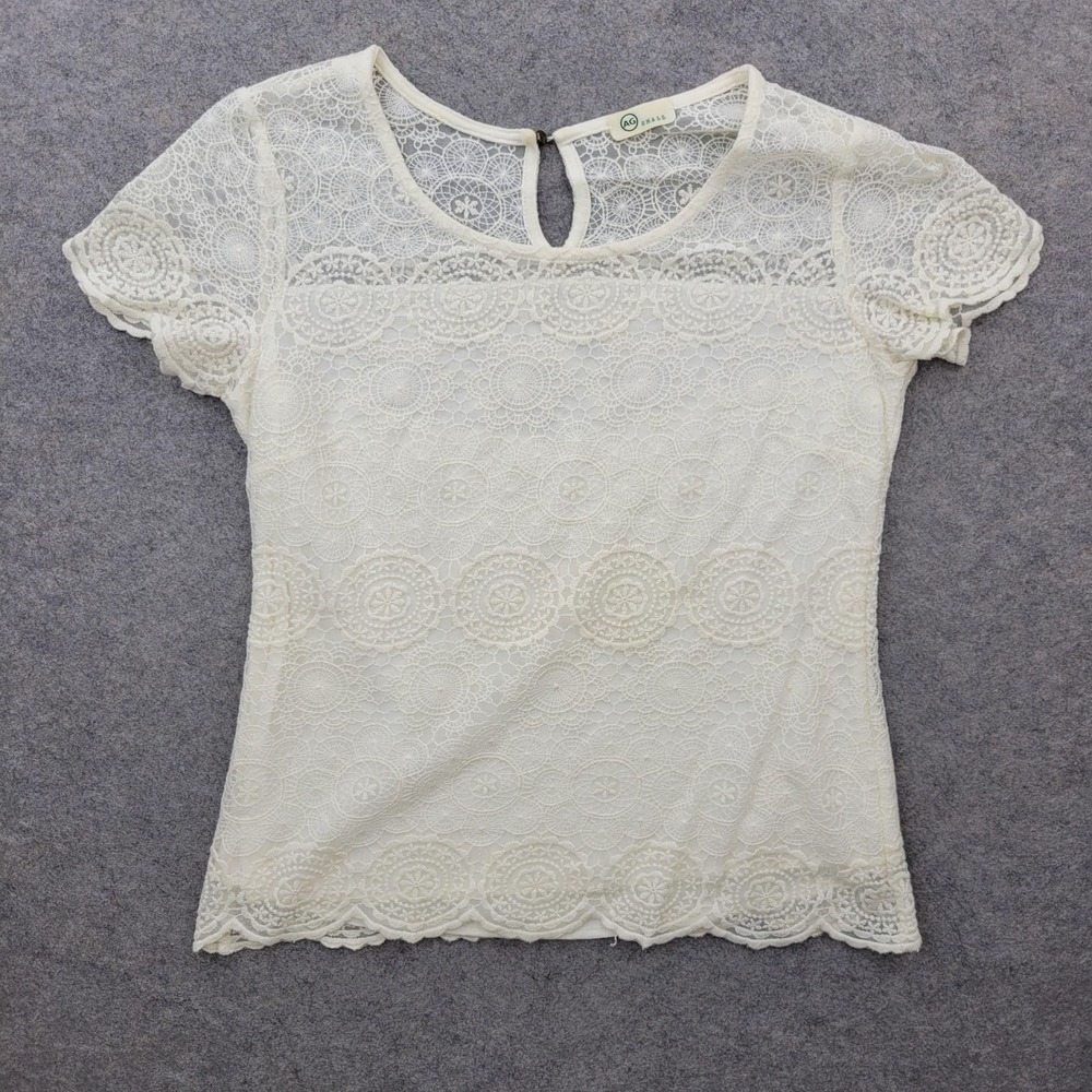 AG Blouse Womens Small White Lace Crochet Floral Cap Sleeve Lined Overlay Top
